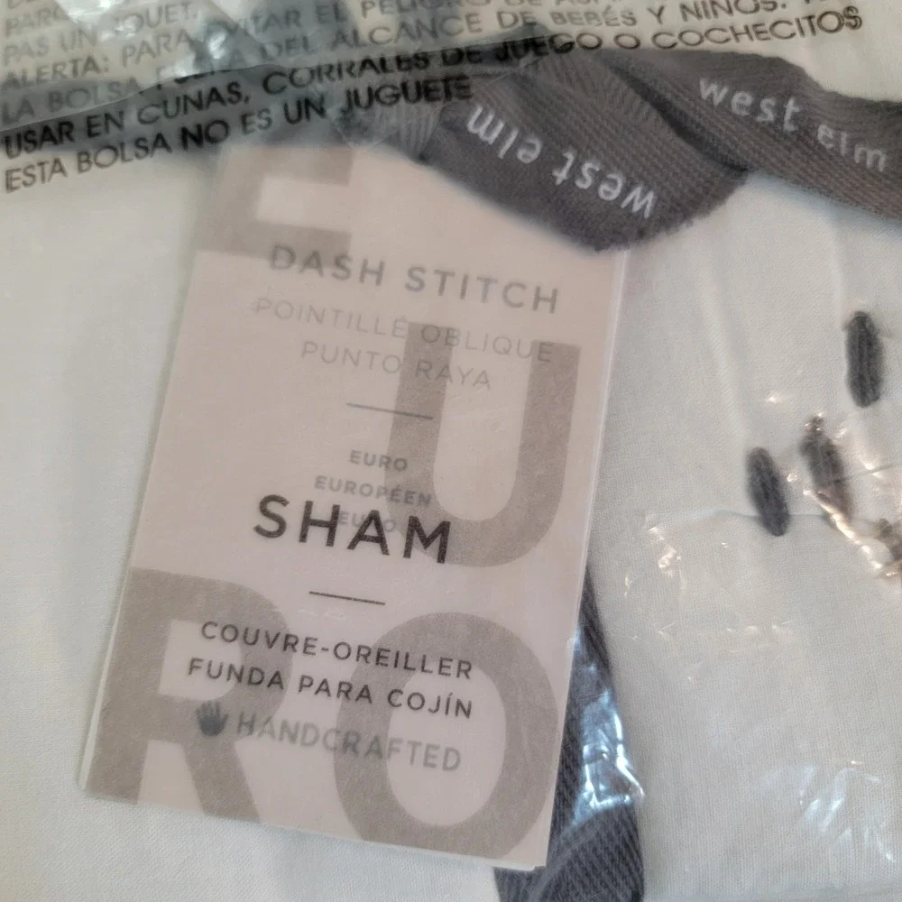 West‎ Elm Dash Stitch Euro Sham White Grey Handcrafted Cotton Quilted 808563 NEW